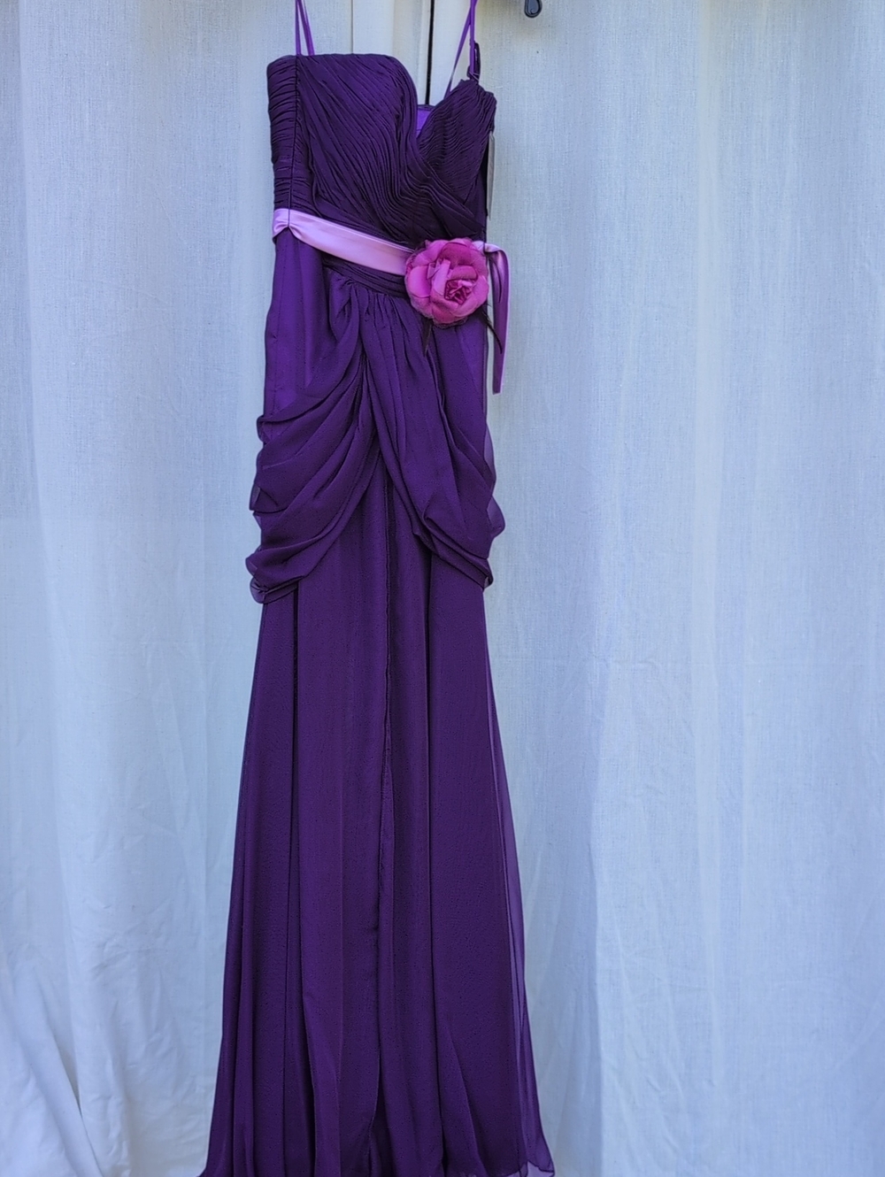 Elegant Purple Prom Gown with Lavender Floral Sash